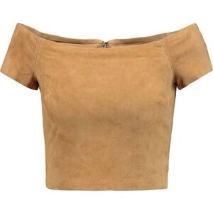 NWT Alice + Olivia Gracelyn Suede Off The Shoulder Top Tan